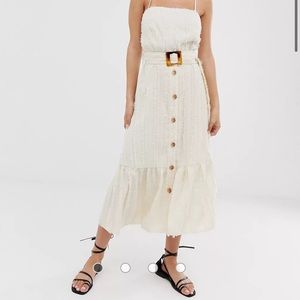 Cream textured belted midi dress Moon River
